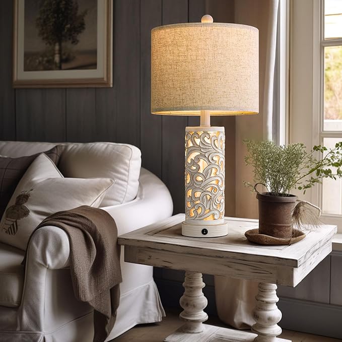OYEARS 22'' Table Lamp Set of 2 for Living Room,Farmhouse Lamp for for Bedroom,Vintage Retro Bedside Lamps with USB Ports Linen Shade for Home Office (Wash White, Bulb Included) - Bloomnest