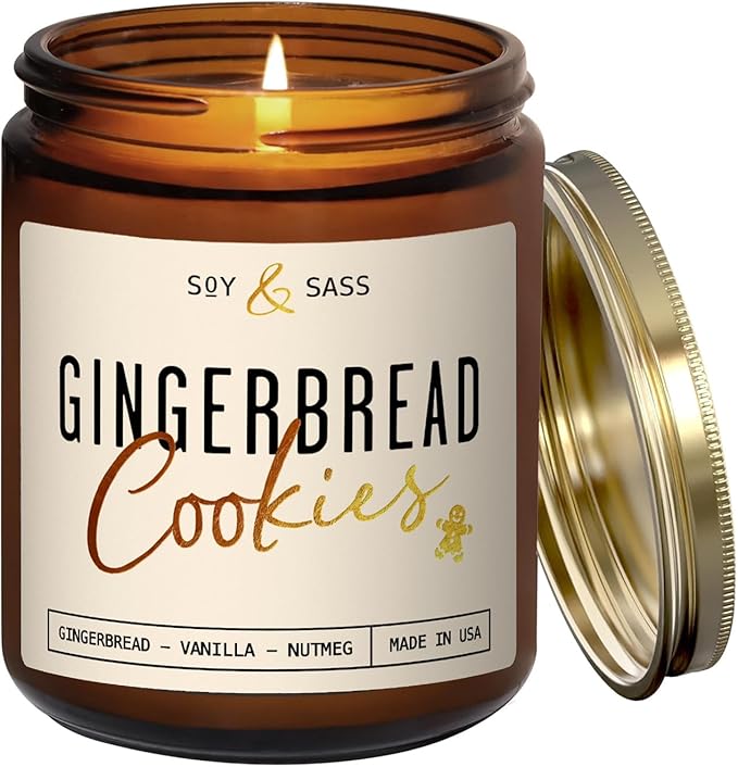 Gingerbread Candle, Christmas Candles Scented – ‘Gingerbread Cookies’ Soy Candle, w/Gingerbread, Cinnamon & Vanilla - Infused with Essential Oils I 9oz, 50Hr, Made in USA - Bloomnest