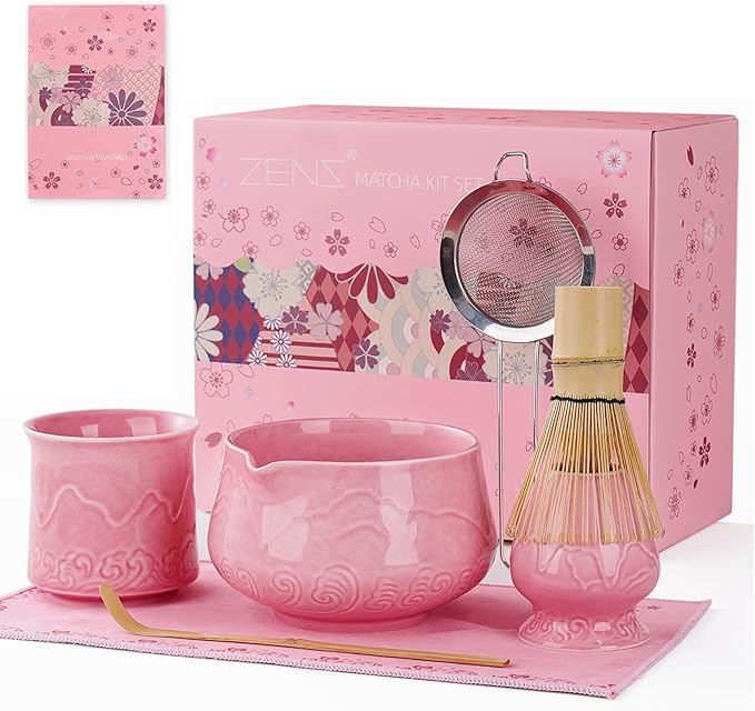 ZENS 7pcs Matcha Set, Matcha Whisk Set Includes Pink Bowl and Cup for Bamboo Whisk, (Chasen Holder), Scoop, 304 Sifter and Tea Mat, Pink Matcha Kit for Matcha Lovers - Bloomnest