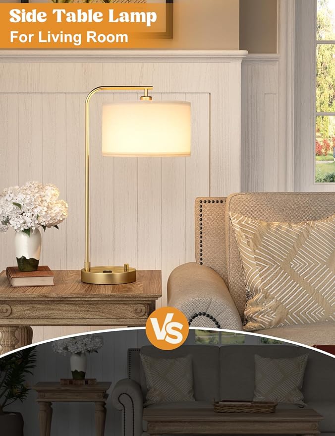 Gold Table Lamp with USB Port and Outlet, Dimmable Nightstand Bedside Lamps with Linen Lampshade, Desk Lamp for Bedroom, Living Room, Guest Room, Home Office, LED Bulb Included - Bloomnest