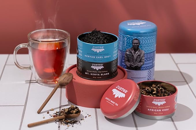 JusTea Black Tea Trio | Stacking Tins Variety Pack with Hand Carved Tea Spoon | Loose Leaf Tea | High Caffeine | Award-Winning | Fair Trade | Non-GMO - Bloomnest