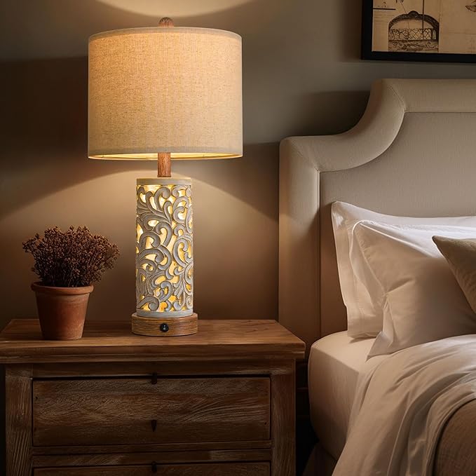 OYEARS 22'' Table Lamp Set of 2 for Living Room,Farmhouse Lamp for for Bedroom,Vintage Retro Bedside Lamps with USB Ports Linen Shade for Home Office (Brown, Bulb Included) - Bloomnest