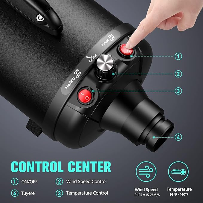 Pet Dryer, 5.2HP/3800W Pet Grooming with Adjustable Speed and Temperature Control Dog Blow Dryer, Pet Hair Dryer with 3 Nozzle - Bloomnest