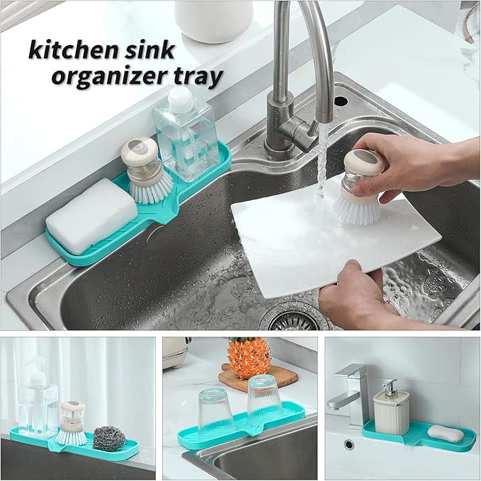 Silicone Bathroom Soap Dishes with Drain Spout-Bathroom and Kitchen Sink Organizer,Sponge Holder,Dish Soap Tray,Perfect for Dispenser,Scrubber,Bottle,Cup on Sink or Counter-Mint 12"×4" - Bloomnest
