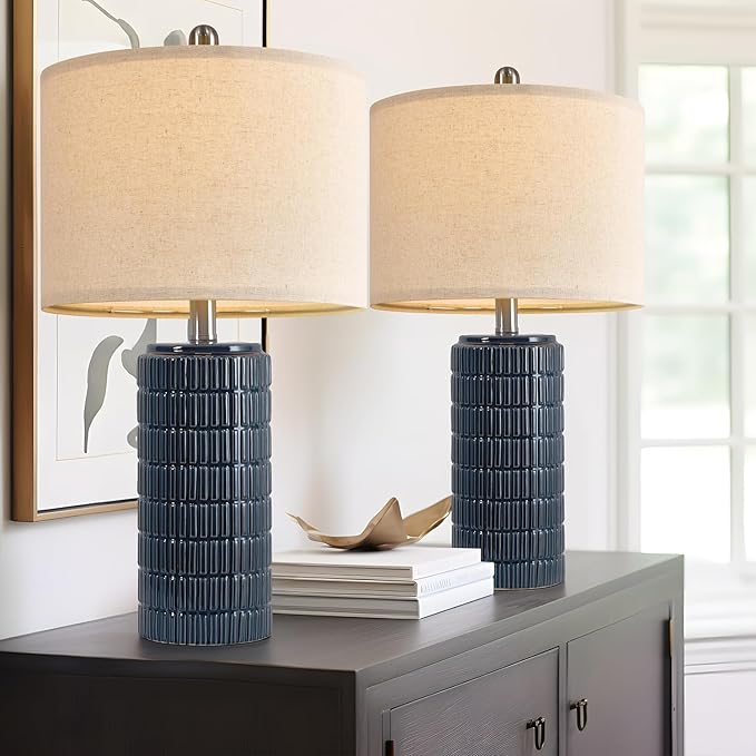 PoKat 23" Blue Table Lamps, Farmhouse Bedside Lamps for Bedroom Set of 2, Ceramic End Table Lamps for Living Room, Traditional Nightstand Desk Lamps, Medium - Bloomnest