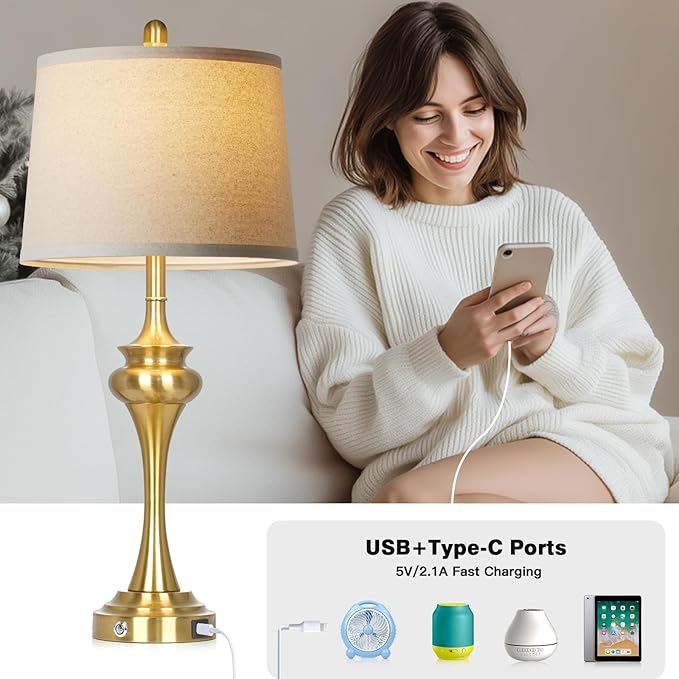 30" Gold Tall Table Lamps for Living Room, Touch Control Modern Bedroom Table Lamp with USB A+C Ports, 3-Way Bedside Lamps Set of 2, Elegant Metal Lamp for Night Stand Desk Side Table Office - Bloomnest