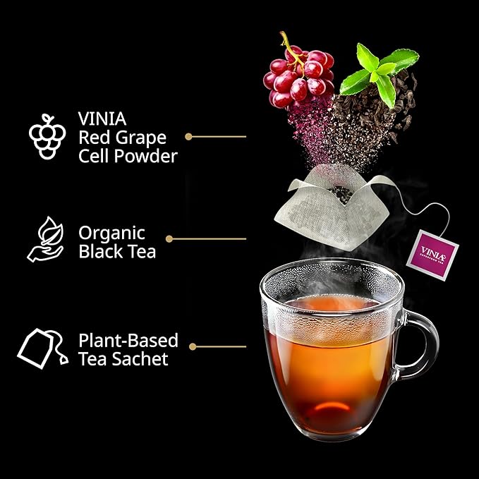 VINIA English Breakfast Black Tea Bags, Made with Organic Tea, Infused with Piceid Resveratrol for Heart Health, Nitric Oxide, Physical Energy, Alertness, Blood Flow, Keto, Kosher, NON-GMO. 30 Ct - Bloomnest
