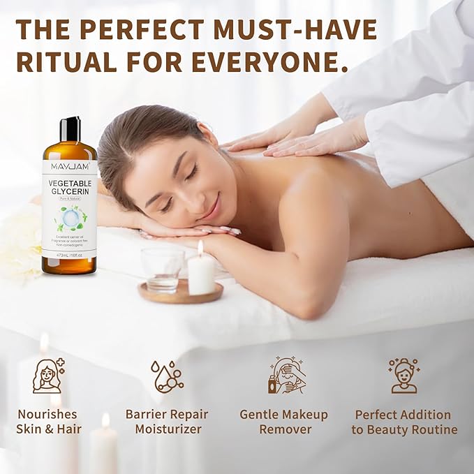 MAYJAM 100% Natural & Pure Vegetable Glycerine, 16 fl. oz. Vegetable Glycerin Liquid Body Oil for Skin, Face, Hair Care, Massage Oil for Moisturizing and Hair Benefits, Carrier Oil for Essential Oils - Bloomnest