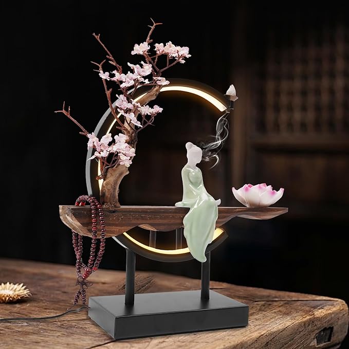Backflow Incense Holder Incense Burner with Adjustable LED Light Ring Chinese Style Handmade Flower Censer,Compatible with Cone and Stick Incense (C) - Bloomnest