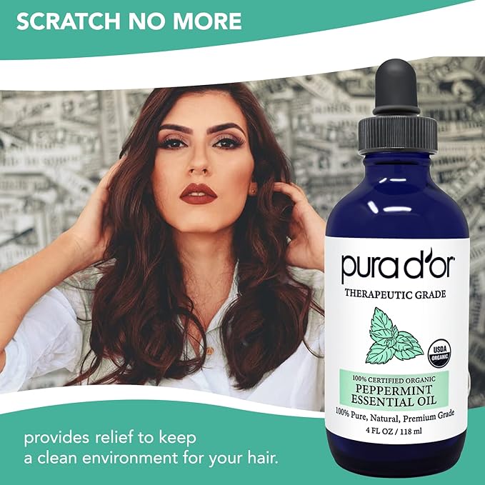 PURA D'OR Organic Peppermint Essential Oil (4oz with Glass Dropper) 100% Pure & Natural Therapeutic Grade - Hair, Body, Skin, Aromatherapy Diffuser, Massage, Refreshens, Energy, Mood, Home, DIY Soap - Bloomnest
