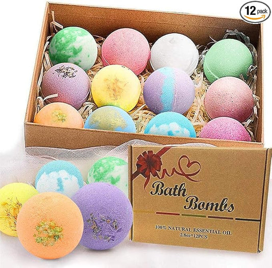 Bath Bombs Gift Set Large 12 PCS 2.8oz Organic Natural Essential Oils, Relax and Moisturize Skin, Luxury Spa Bomb Gifts for Girl, Mom, Kids, Wife, Birthday, Valentine's Day, Anniversary - Bloomnest