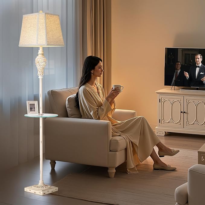 Vintage Floor Lamp with Nightlight and Glass Tray, Farmhouse Standing Lamp with White Washed Finish and Linen Shade, 65" Rustic Tall Lamp Decor for Living Room, Bedroom, Office, House (Bulb Included) - Bloomnest