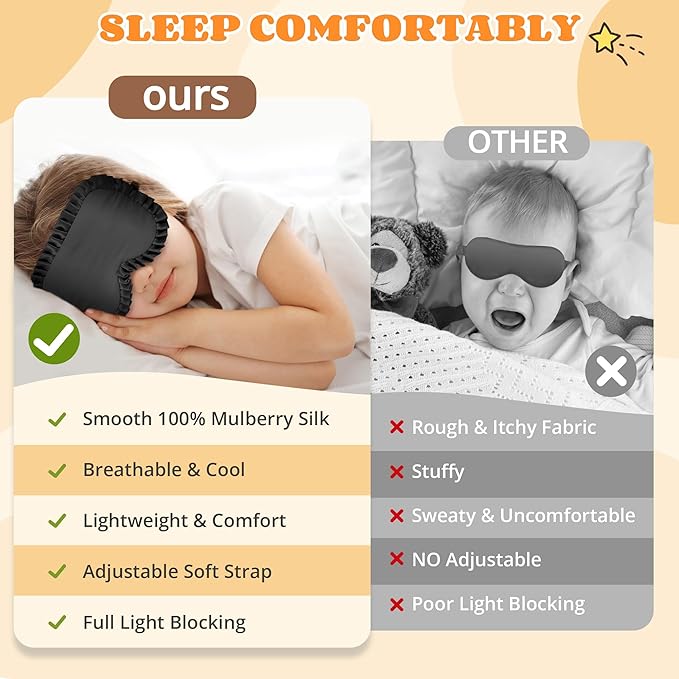 Kids Sleep Mask Eye Cover, 100% Real Mulberry Silk Sleep Mask with Adjustable Strap, Kids Blindfold for Sleeping, Boys Girls Eye Shade for Ages 5+, Soft and No Pressure (Black) - Bloomnest