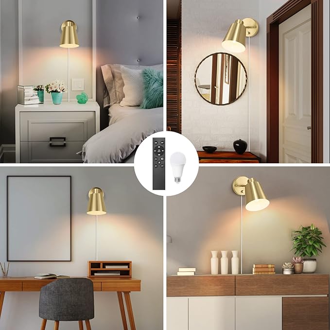 Plug in Wall Sconces with Remote Control, Adjustable Color Temperature 2700K-6000K and Dimmable Wall Sconces Gold Wall Lights with Plug in Cord for Bedroom Bedside Stairway(2 Pack, 2 Bulbs) - Bloomnest