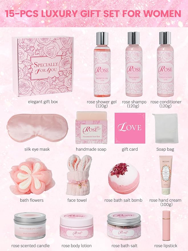 Valentine's Day Gifts for Her Rose Spa Set - 16 Pcs Bath & Body Care Kit with Bath Bombs & Lotions Relaxing Home Spa Gift for Mom, Wife & Friend Ideal for Mother’s Day, Birthday & Thank You - Bloomnest