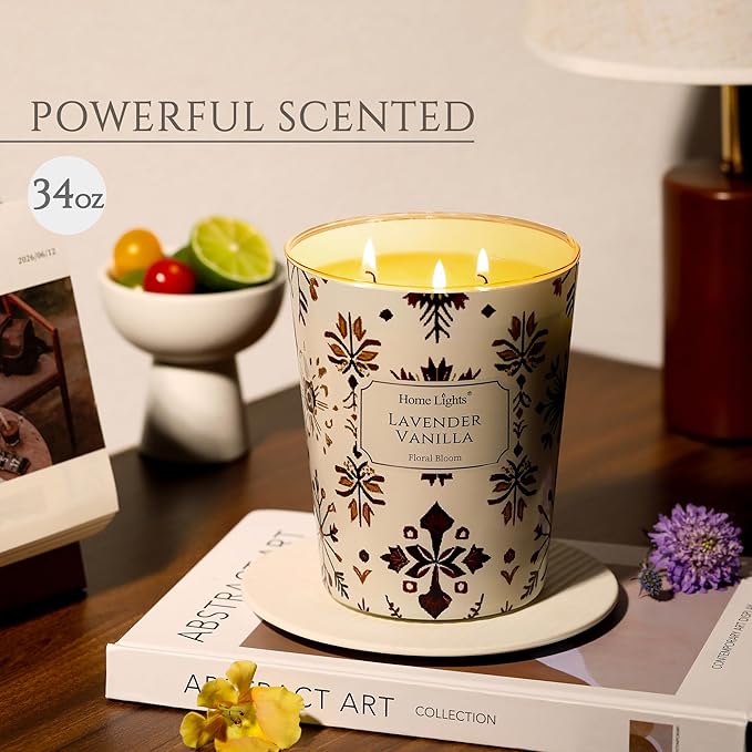 HomeLights Large jar Candle | 3-Wick Long-Lasting Scented Candles, 34oz Natural Soy Wax Candle for Home Scented, Bohemian Natural Textures Gifts for Women & Men, Lavender Vanilla - Bloomnest
