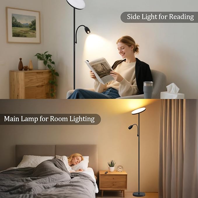 LED Torchiere Floor Lamp with Gooseneck Reading Light, 69" Dimmable Reading Floor Lamp with Adjustable Color Beam, Remote Control Standing Lamp, Zoomable Spotlight for Living Room,Bedroom,Office,Black - Bloomnest