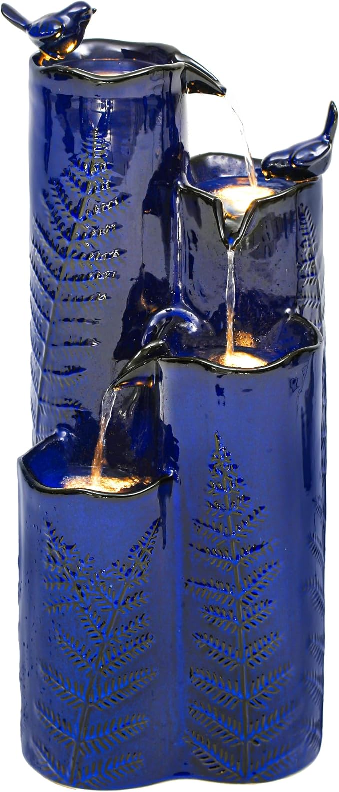 32" H Ceramic Outdoor Water Fountain with LED Lights, 4-Tier Vase Outdoor Fountain, Cobalt Blue Glaze, Embossed Fern Pattern, Cascading Waterfall for Tranquil Garden, Patio, or Porch - Bloomnest
