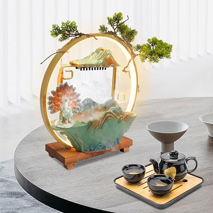Tabletop Water Fountains, Indoor Water Fall with LED Light Zen Decor for Meditation with Mist, Japanese Decor with Fake Plants Feng Shui Decor for Good Luck Wealth - Bloomnest
