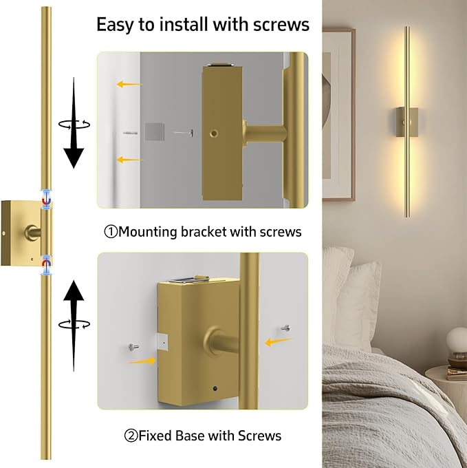 Battery Operated Wall Sconces Set of Two: Dimmable Wireless Wall Lights with Remote, 31.5inch LED Rechargeable Sconces, 360° Lighting Wall Scone Decor for TV, Mirror, Bedroom, Living Room(Gold) - Bloomnest