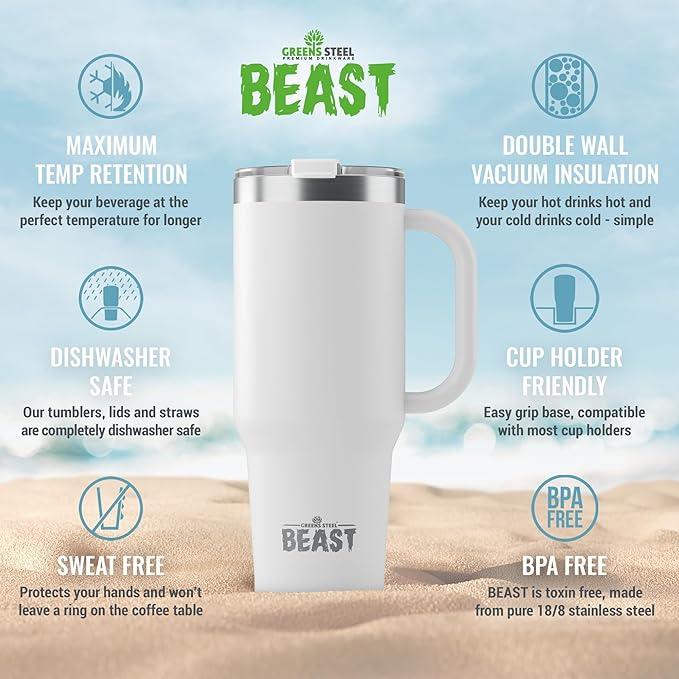 Beast 50 oz Tumbler Stainless Steel Vacuum Insulated Coffee Ice Cup Double Wall Travel Flask (Arctic White) - Bloomnest
