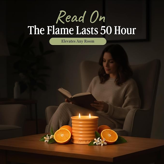 Scented Luxury Candles in Handmade Ceramic Jars, Soy Wax | Orange Blossom – Orange & Mimosa, Large Candle | Non Toxic, 2 Wicks, Reusable Big Orange Jar | Natural Spring Aromatherapy for Women & Men - Bloomnest