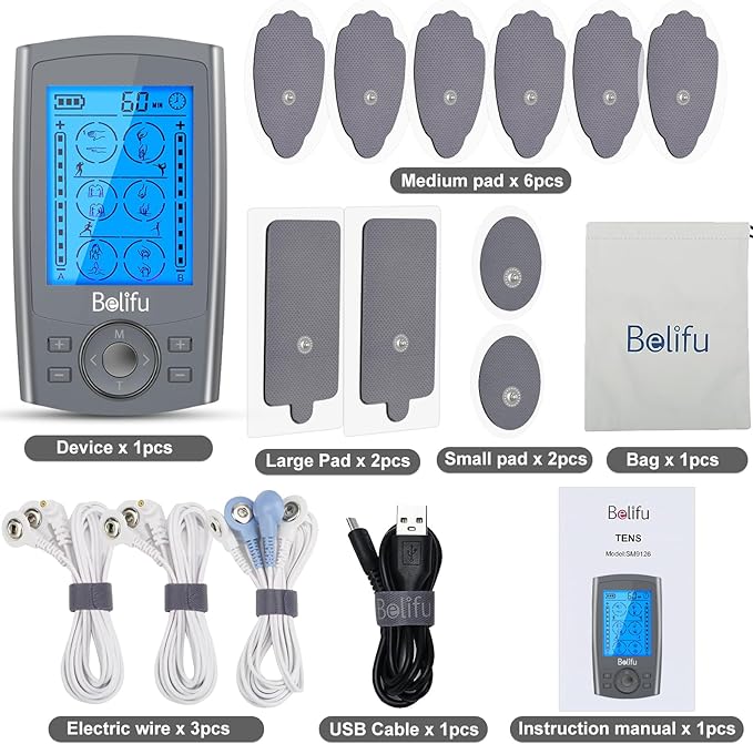 Belifu Dual Channel TENS EMS Unit 24 Modes Muscle Stimulator for Pain Relief Therapy, Electronic Pulse Massager Muscle Massager with 10 Pads, Dust-Proof Drawstring Storage Bag, Fastening Cable Ties Belifu
