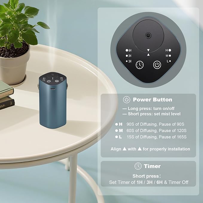 Waterless Essential Oil Diffuser for Car & Home, Aromatherapy Diffuser with 4 Timer (1/3/6/Off), 3 Mist Mode, Battery Operated, Air Scent Diffuser for Bathroom Office, Small Aroma Diffuser Greyblue - Bloomnest