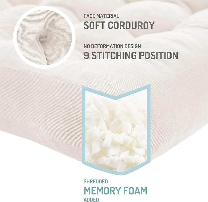 Degrees of Comfort Meditation Floor Pillow, Square Large Pillows Seating for Adults, Tufted Corduroy Cushion for Balcony Bedroom Tatami Living Room, Beige, 22x22 Inch