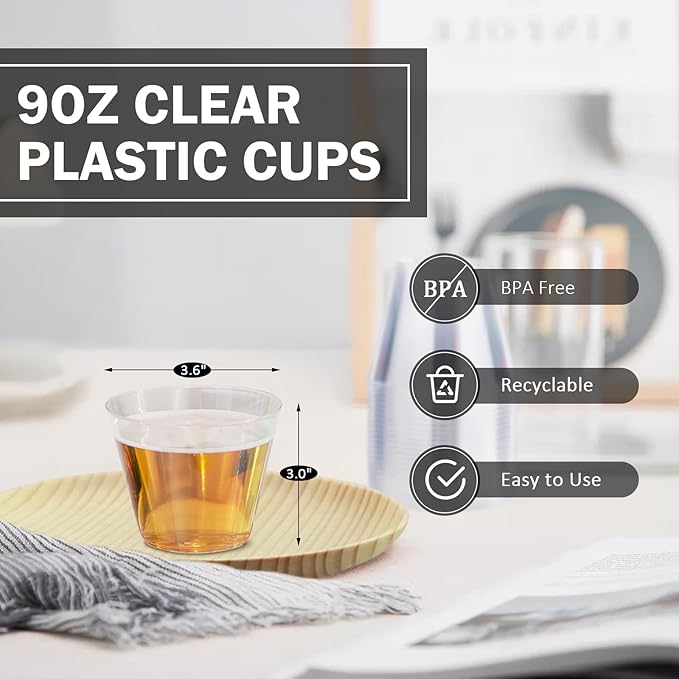 9 oz Clear Plastic Cups, 300 Pack Disposable Fancy Cup for Wedding, Cocktail Cups 9 Ounce, Bulk Clear Plastic Tumblers for Iced Coffee, Cold Beverage - Bloomnest