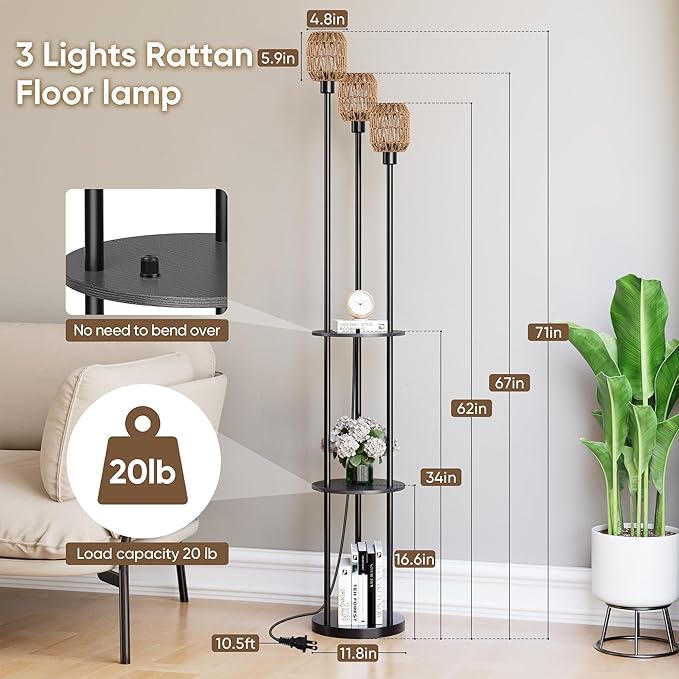WIHTU 70" Boho Floor Lamp, Dimmable Rattan Floor Lamp with Shelves, 3 Lights Rustic Tall Lamps with Rotary Switch, Farmhouse Standing Lamps for Living Room, Bedroom，Office (Includes 3 Bulbs) - Bloomnest