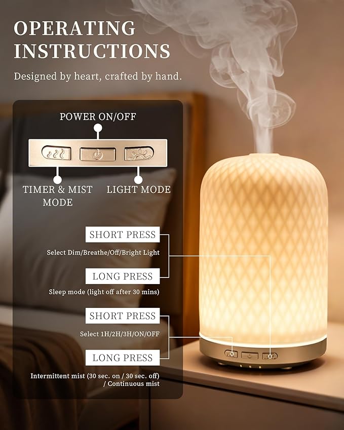Essential Oil Diffuser,120ML 2.4MHz Ultrasonic Aromatherapy Diffusers for Essential Oils Large Room, Ceramic Diffusers Decorative Aroma Diffuser, Ideal Air Diffusers for Home, Room Decor, Yoga, White - Bloomnest