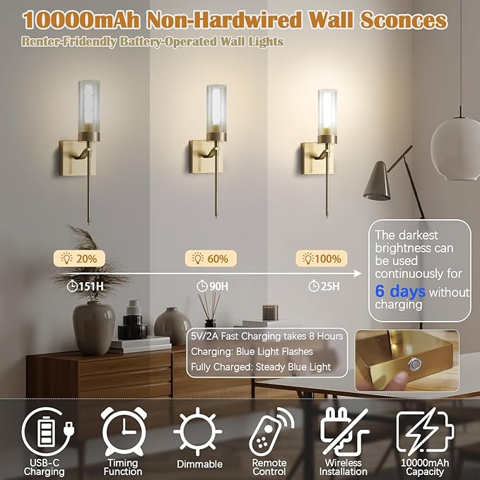 Battery Operated Wall Sconces Set of Two with Remote, Gold Rechargeable Wireless Wall Lights, Sconces Wall Decor Set of 2 Dimmable 2700K Battery Powered Sconce for Bathroom Living Room Hallway - Bloomnest
