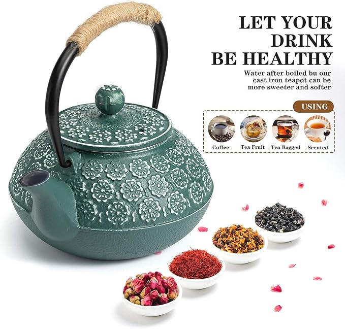 Sotya Cast Iron Teapot, 40oz/1200ml Japanese Tetsubin Tea Pot with Infuser for Loose Leaf and Tea Bags, Tea Kettle Coated with Enameled Interior for Stove Top, Dark Green - Bloomnest