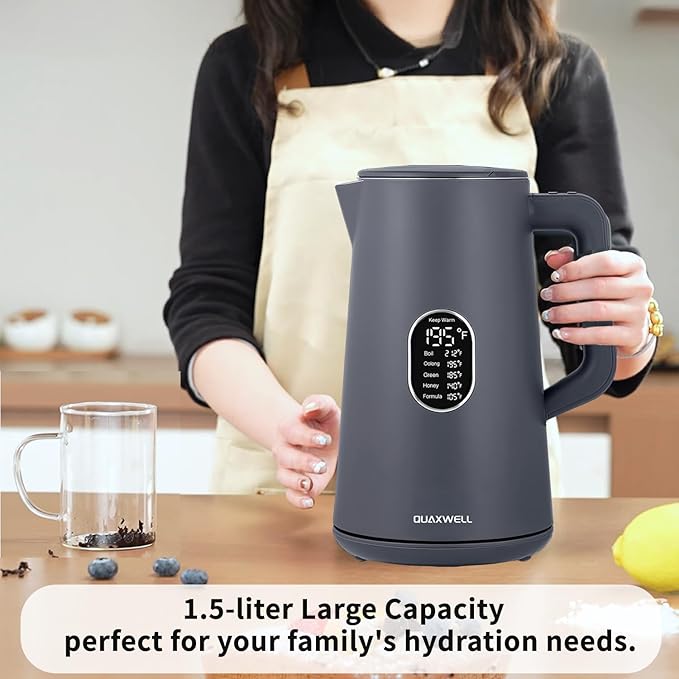 1.5L Electric Kettle Stainless Steel, Double Wall Cool Touch Teapot, Fast Boil,5 Temperature Control, LED Display, Auto Shut-Off, BPA-Free,Keep Warm Function, Ideal for Tea & Coffee,Gray - Bloomnest