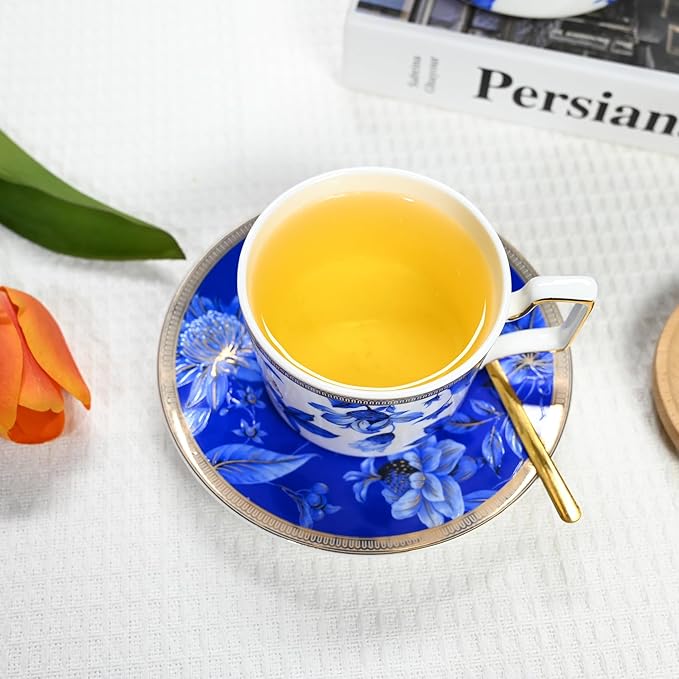 Bone China Tea Set for Adults, Blue and White Porcelain Tea Sets, Bone China Tea Cup Set With Teapot Creamer Pitcher Sugar Bowl and Teaspoons, Vintage Tea Sets for Women Tea Part - Bloomnest
