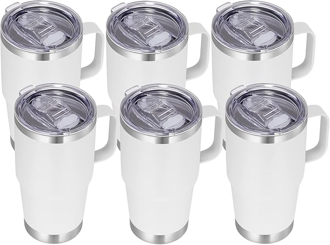 VEGOND 20 oz Tumbler Bulk with Handle Lid and Straw, Stainless Steel Insulated Travel Coffee Mug Set, Spill Proof Double Wall Metal Tumblers Cups, White 6 Pack - Bloomnest