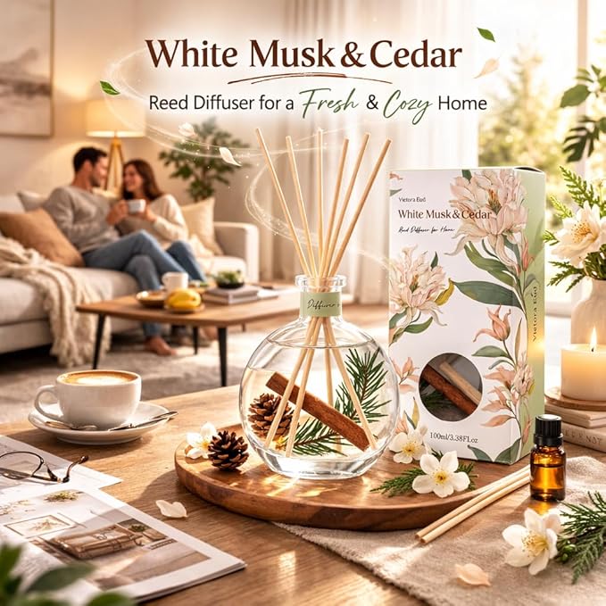 Cedar Wood & White Musk Essential Oil Reed Diffuser for Home&Office, Luxury Hotel Collection Diffuser Oil Inspired by Ritz Carlton, Bathroom,Bedroom&Living Room Shelf Decor,Non-Toxic & Gift Ready - Bloomnest