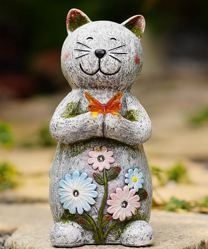Solar Garden Statue Cat Figurine – Outdoor Decoration with Butterfly for Garden Yard Lawn Home Decor Outside : Unique Gifts for Mom Grandma - Bloomnest