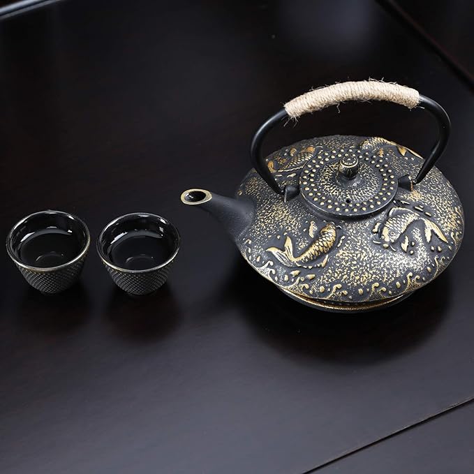 Ufine Koi Fish Cast Iron Teapot Set Stove Top Tea Kettle with 4 Cups Japanese Style Tetsubin Tea Gift Set, 26 oz with Stainless Steel Infuser - Bloomnest