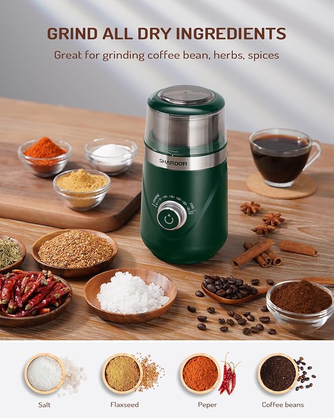 SHARDOR Electric Super Silent Blade Coffee Grinder, Timed Grind Control Rotary Knob, Adjustable Coarse to Fine for Coffee Beans, Spices & Herbs, with 1 Removable Stainless Steel Bowl, Green - Bloomnest