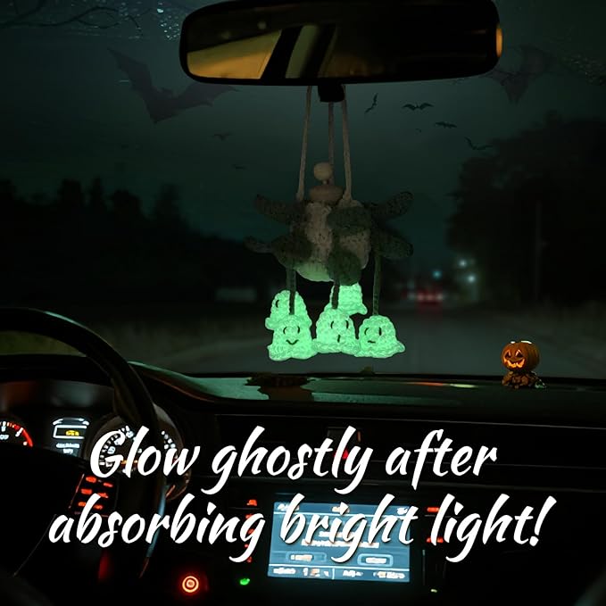 Crochet Glowing Ghost Car Air Freshener, Halloween Car Decor, 15ml Refillable Oil Diffuser Bottle with Hanging Crochet Decor for Car Rearview Mirror, Handmade Halloween Gifts - Bloomnest
