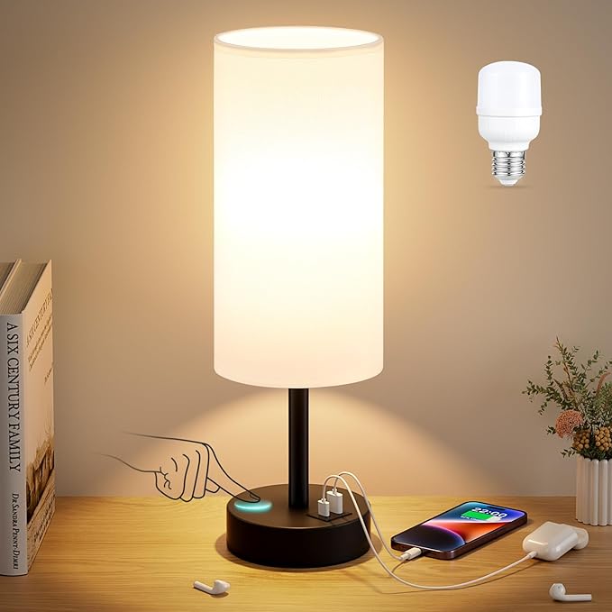 Dicoool White Touch Table Lamp with USB - 3 Way Dimmable Bedside Lamp for Nightstand, Bedroom Lamp with Black Charging Station for Desk, Office, Kids Room, Dorm, Small - Bloomnest