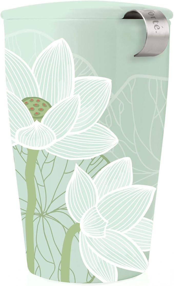 Tea Forte Double-Walled Ceramic Kati Cup, Removable Stainless Steel Infuser Basket and Lid, Steeps 12 oz Loose Leaf Tea, Dishwasher & Microwave Safe, Lotus - Bloomnest