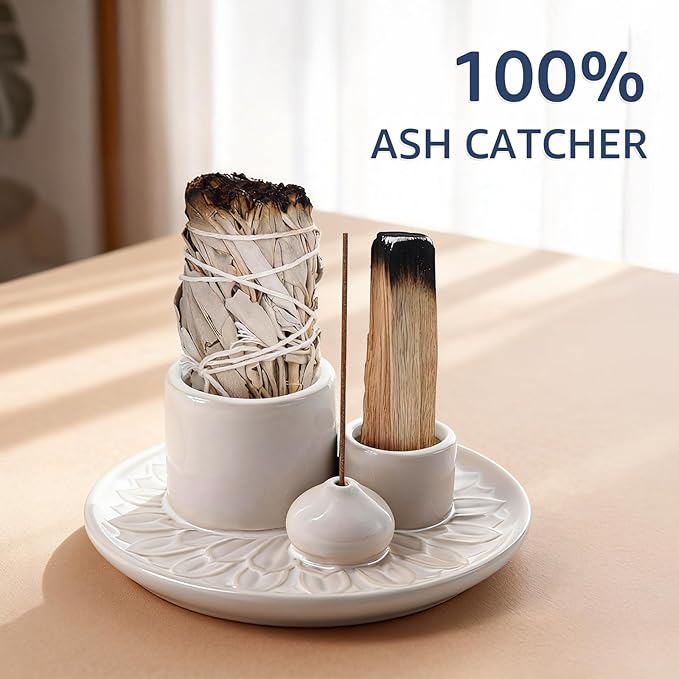 4 in 1 Ceramic Incense Holder, Palo Santo Stick Holder, Sage Holder for Burning, 5.2" Ash Catcher Tray for Meditation, Yoga & Home Decor (White)