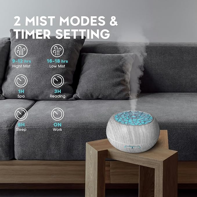 550ml Large Capacity Essential Oil Diffuser 6 Essentil Oil Set Aromatherapy Ultrasonic Air Humidifier with Timer and 7 Color LED Night Light Remote Control Waterless Auto-Off White Wood Grain - Bloomnest