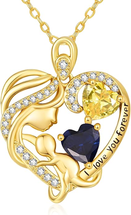 14K Gold Double Birthstone Heart Necklace for Women Mom, Mother Son/Daughter Pendant Necklace for Christmas Mother's Day Birthday Gifts for Wife Daughter Grandmom - Bloomnest