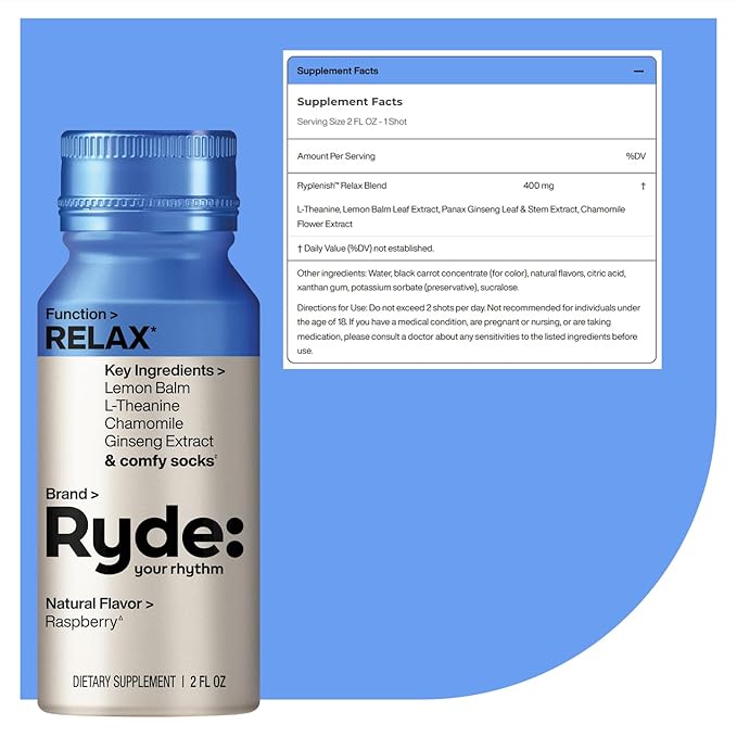 Ryde: Relax Shot | Raspberry Flavor | Lemon Balm, L-Theanine, Ginseng & Chamomile | 0 Calories, 0 Sugar | 2 FL OZ Shots | Helps You Relax* (8 Pack) - Bloomnest