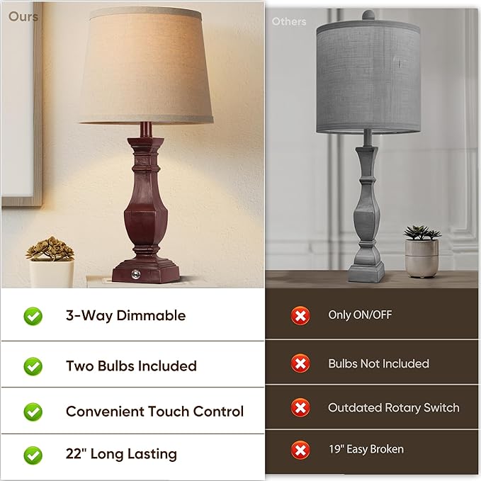 ROTTOGOON Dimmable Table Lamps Set of 2, Rustic Farmhouse Table Lamps for Living Room Bedroom, Bedside Desk Lamps for end Tables, Touch Lamps for nightstand, 9W Bulbs Included, 22", Antique Red - Bloomnest
