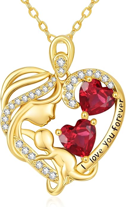 14K Gold Double Birthstone Heart Necklace for Women Mom, Mother Son/Daughter Pendant Necklace for Christmas Mother's Day Birthday Gifts for Wife Daughter Grandmom - Bloomnest